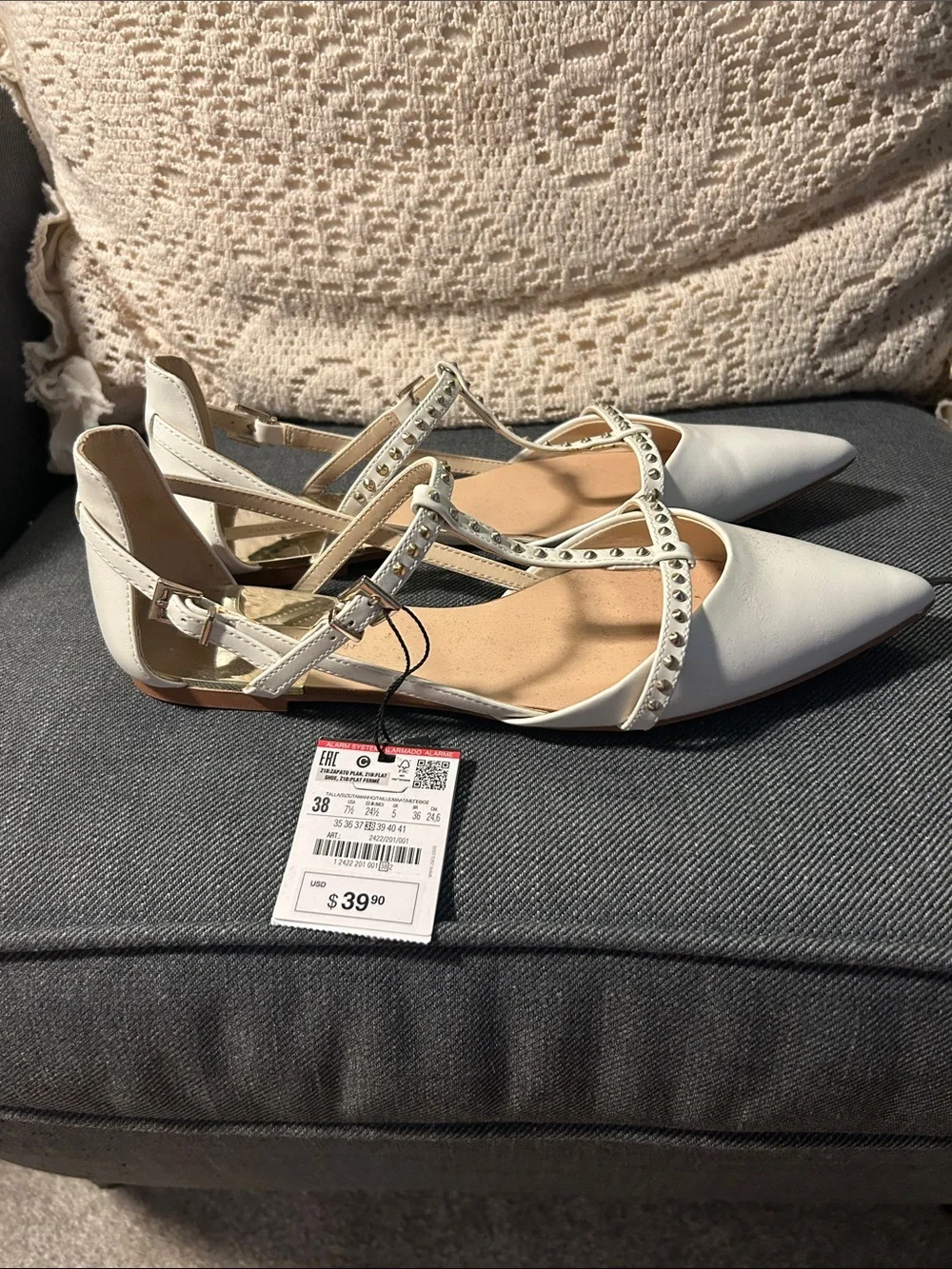 Zara White Studded Pointed Toe T-Strap Flats - Picture 2 of 5